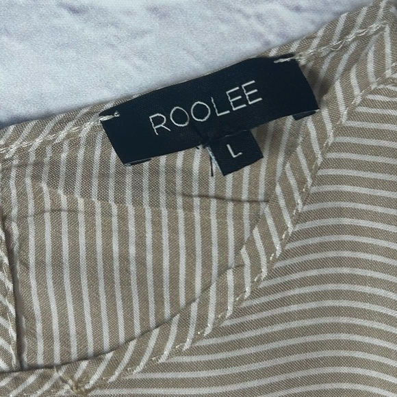 Roolee Taupe/White Striped Babydoll Style Linen Top. Long Sleeves. Size L. Fall! - Picture 2 of 5